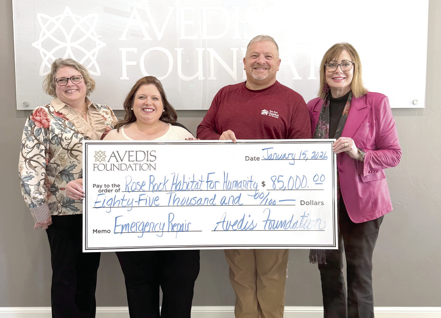 Pictured from left: Tracy Meeuwsen, Senior Program Director-Data Analyst Avedis Foundation; April Grant, Community Engagement Coordinator Rose Rock Habitat for Humanity. Randall E. Gardner, President &amp; CEO Rose Rock Habitat for Humanity; and Kathy Laster, Ph.D., President &amp; CEO Avedis Foundation. Photo provided by Avedis Foundation