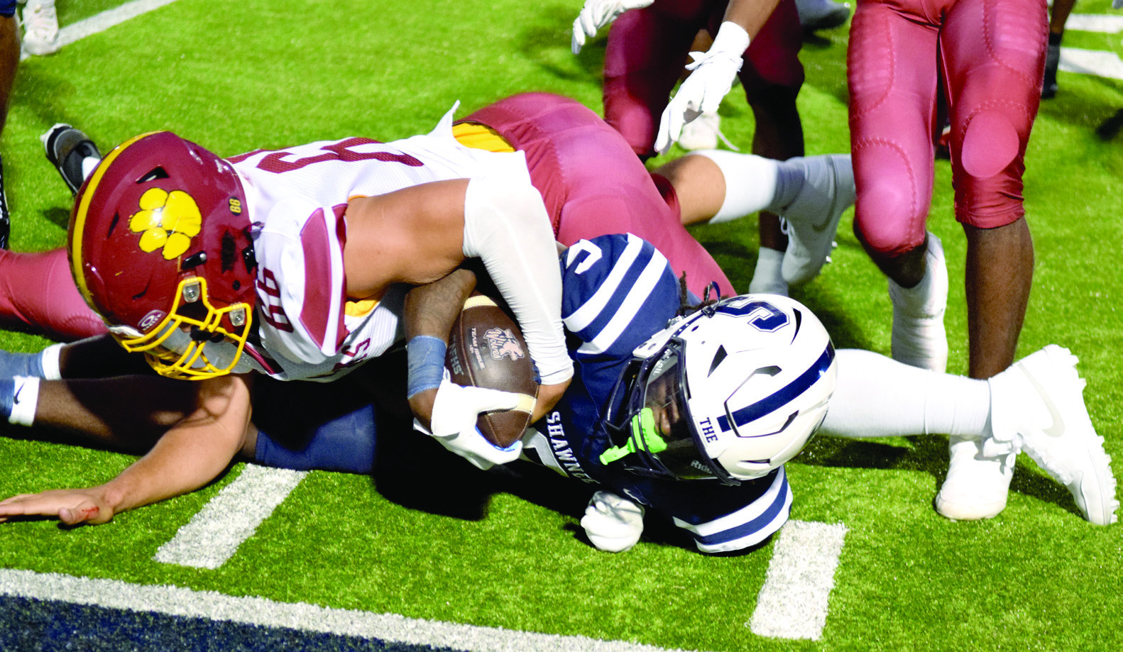 KD Palmer is finally brought down shy of the Panthers 30 yardline.  The Shawnee Wolves won their season opener at home against PC North on Sept. 5 32-19 (last year PC North beat SHS 35-3 last season). Julie Talton, Countywide & Sun