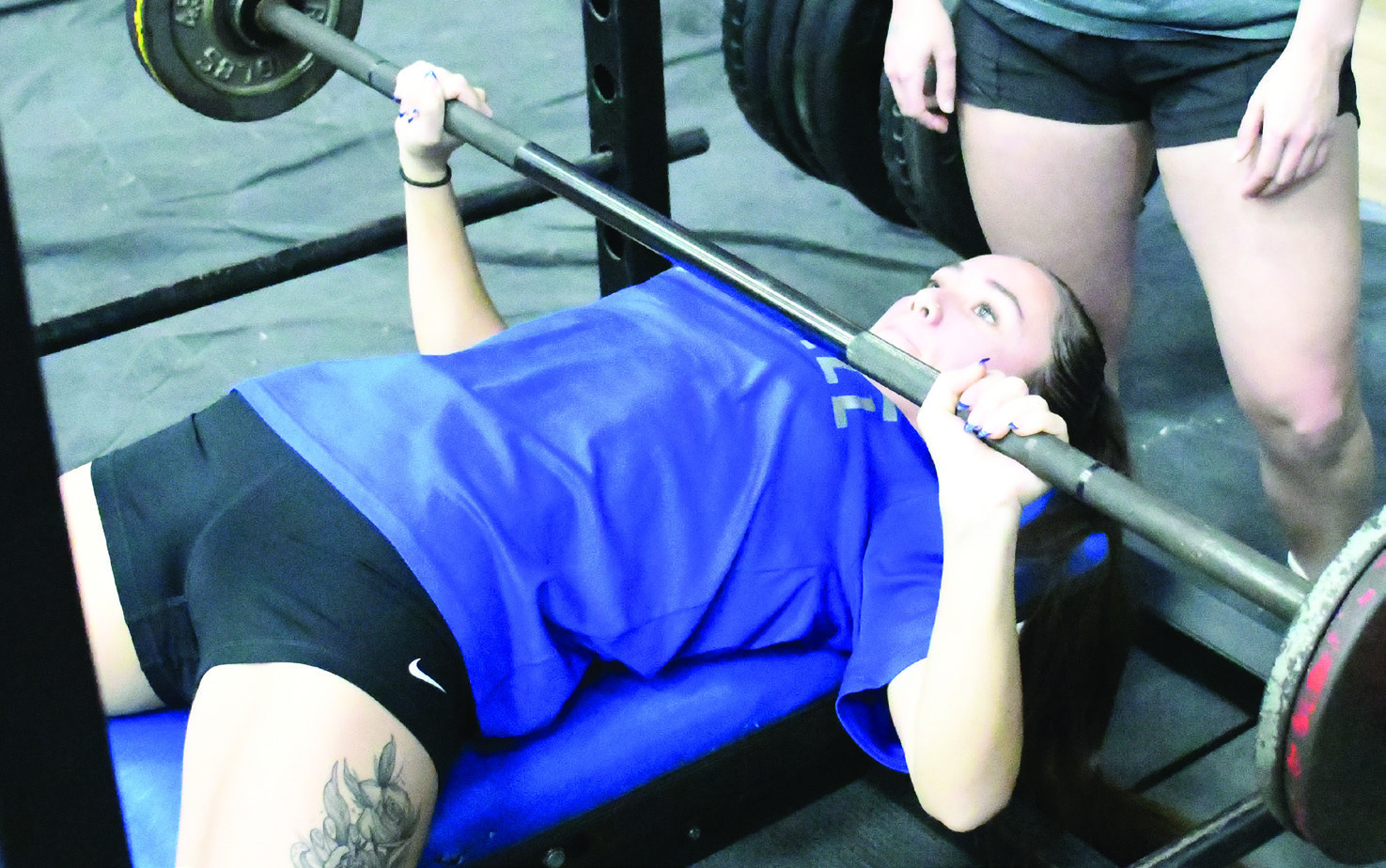 Bethel's Stohri Rhynalds bench presses during the Chandler Powerlifting Meet, held on Feb. 10 and 11. Rhynalds placed first in her weight division. Photo courtesy of Brian Blansett, Lincoln County News