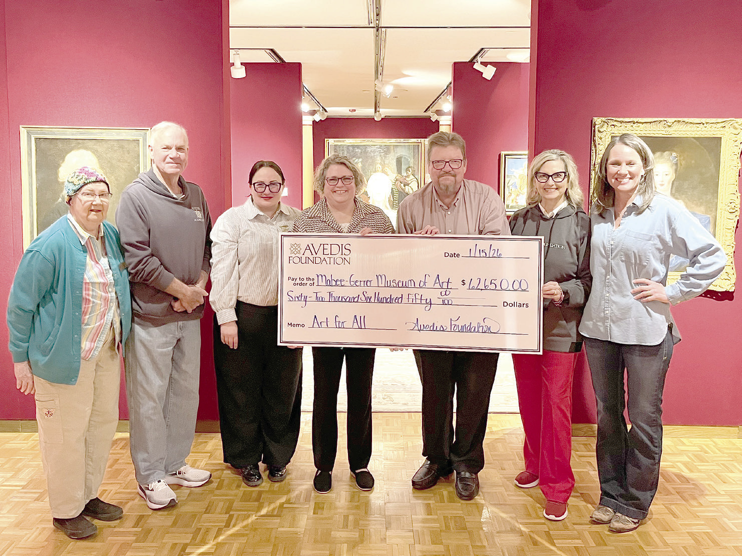 Pictured from left: Jude Delaney, Volunteer Docent Mabee-Gerrer Museum of Art; Mark Finley, Avedis Foundation Board Member; Sylwia Partyka, Director of Development Mabee-Gerrer Museum of Art; Tracy Meeuwsen, Senior Program Director-Data Analyst Avedis Foundation; Dane Pollei, Director and Chief Curator Mabee-Gerrer Museum of Art; Jill Spencer, Chairman of the Board Avedis Foundation; and Erika Jones, Avedis Foundation Board Member. Photo provided by Avedis