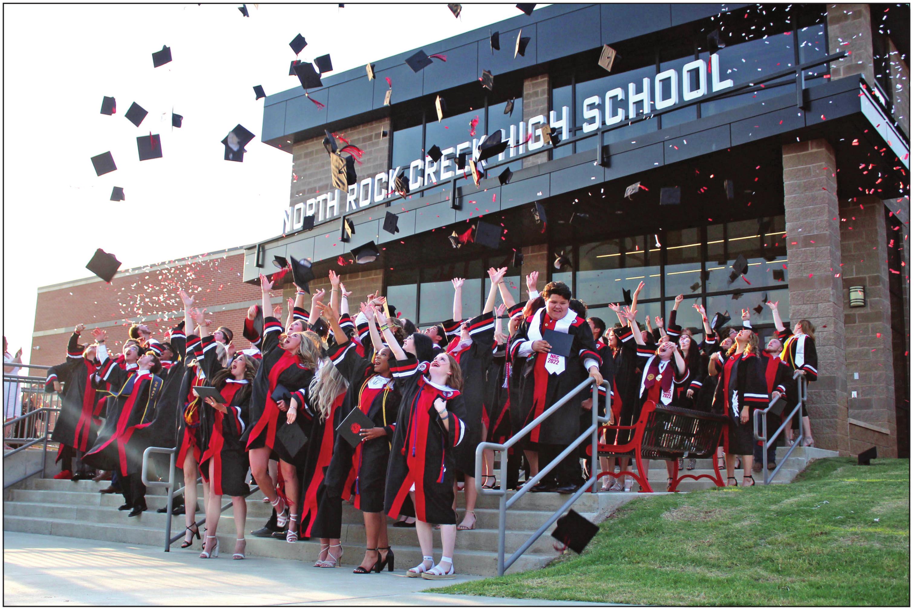 Following the Graduation Ceremony in the gym on May 19, North Rock Creek High School’s first-ever graduating class of 88 seniors tossed their hats on the entrance steps. Countywide &amp; Sun/Natasha Dunagan
