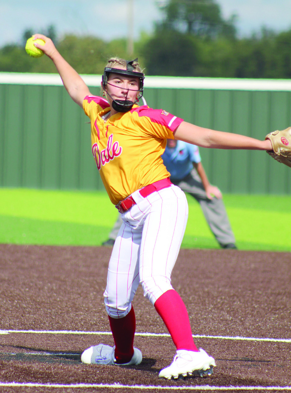 Dale junior Kinsley Hill winds up her pitch in the Class 2A State Fastpitch Softball Quarterfi nals on Oct. 5. Hill reached the milestone of 500 strikeouts on Sept. 14. Countywide &amp; Sun/ Natasha Dunagan