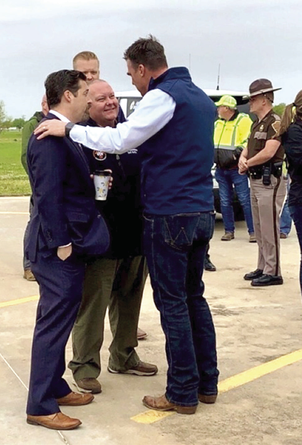 Sen. Shane Jett, R-Shawnee, Rep. Dell Kerbs, R-Shawnee, and Gov. Kevin Stitt on the scene of tornado destruction in Shawnee. Photo provided