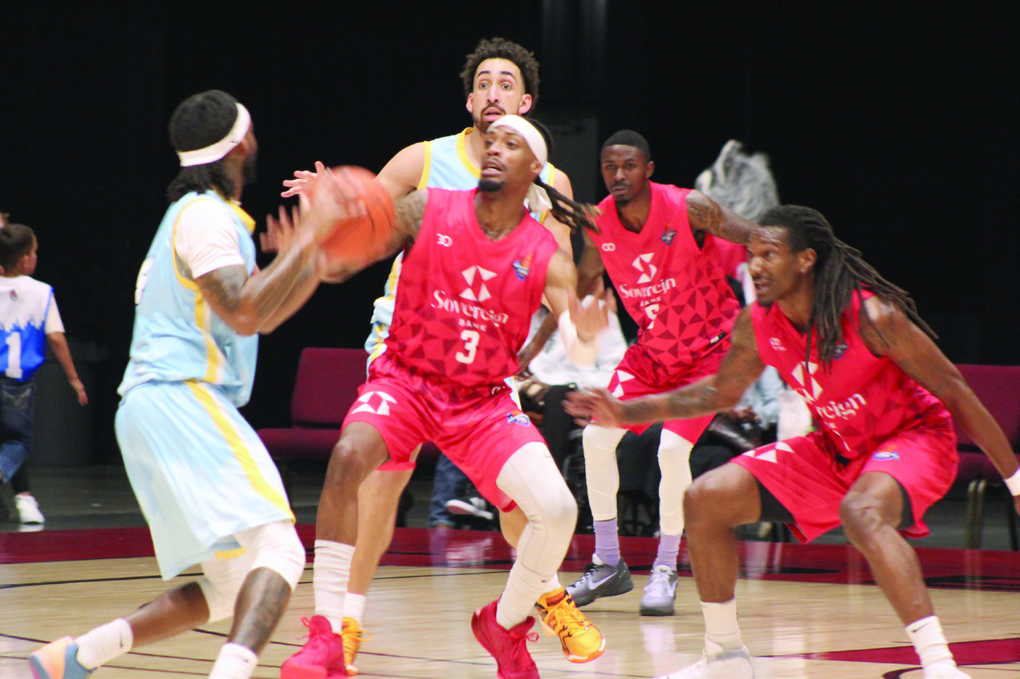 Potawatomi Fire players Ricky Artis II, Kam Williams and Jay Hedgeman guard the basket against the San Antonio Clutch during the Central Conference home game on May 2. After beating the Clutch, 138-81, the Fire stands at 44 straight wins inside FireLake Arena, according to potawatomifire.com. Their next home games will be tomorrow (May 9) against Little Rock and May 10 against Enid, both at 7 pm. Natasha Dunagan, Countywide &amp; Sun