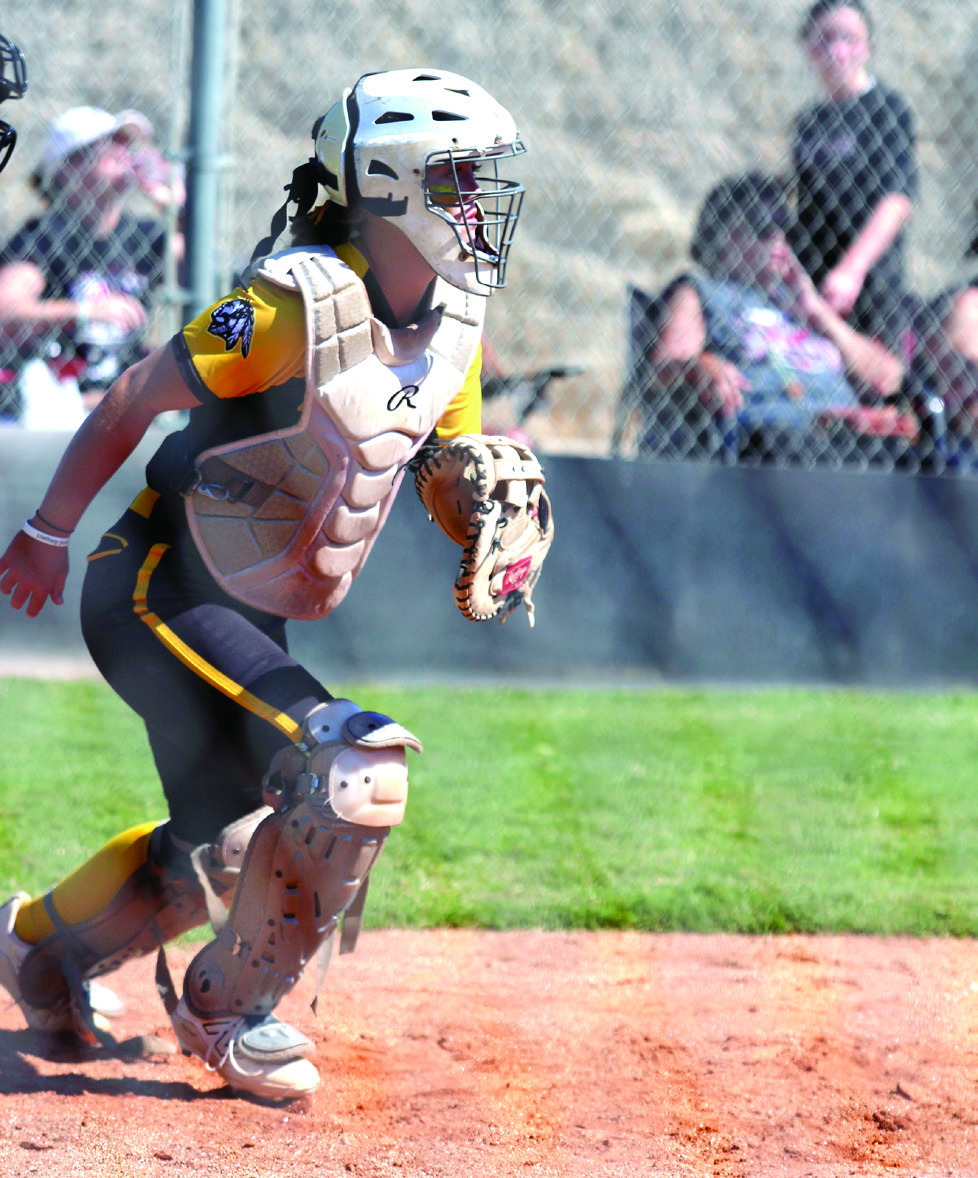Tecumseh catcher and senior Jessi Hull runs for a bunted ball in the Oct. 3 game with Stilwell during the Class 4A OSSAA Fast-Pitch Regionals. The Lady Savages won that game, 3-1, and lost the game against Poteau, 2-4, the same day. On Oct. 4, they beat Bristow, 11-2, but lost to Poteau, 5-8. Countywide & Sun/ Natasha Dunagan