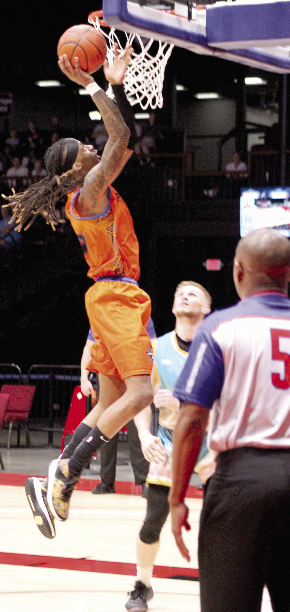 Potawatomi Fire small forward Ricky Artis II makes a layup in the first quarter of the April 25 home game against the Santa Ana Thunder. Adding to their winning streak, the Fire won, 120-88. Countywide &amp; Sun/Natasha Dunagan