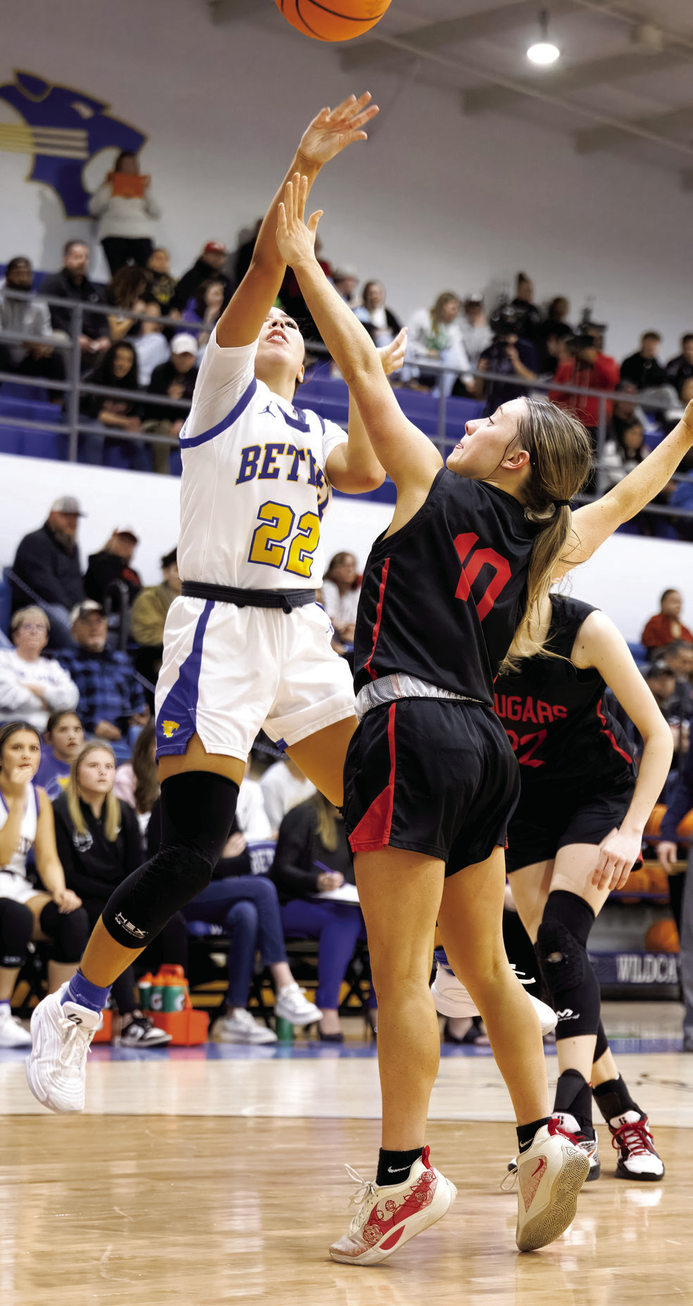 Bethel junior Ava Gascon shoots a three-pointer during the Jan. 17 homecoming game with North Rock Creek. The Lady Wildcats lost, 42-49. Photos courtesy of Richelle Treece.