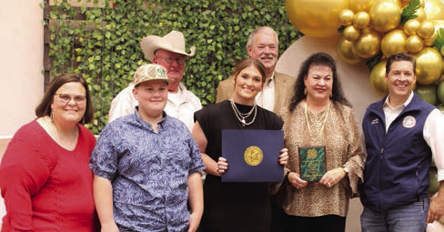 Dale graduate and OSU freshman Poppy Robinson received the 4-H Outstanding Senior Award and a Citation of Congratulations from Oklahoma Senator Shane Jett during the Pottawatomie County 4-H Awards Banquet, held at the Heart of Oklahoma Expo Center on Oct. 27. Shown, from left, are mother Allison Robinson, brother Hardy Robinson, father Rod Robinson, P. Robinson, Randy Gilbert, Suzanne Gilbert and Jett. Natasha Dunagan, Countywide &amp; Sun