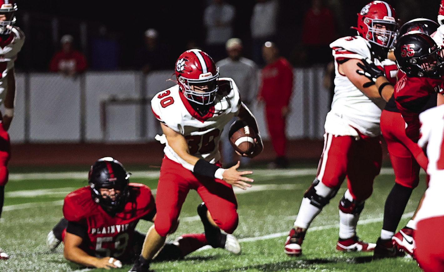 North Rock Creek;s Kaiden Samuels slips past a tackle and goes in for the touchdown. NRC lost to Plainview by one,, 33-- 34. They will travel to Anadarko Friday, Nov. 8, for the last district game of the season. Photo courtesy of Gowin Photography