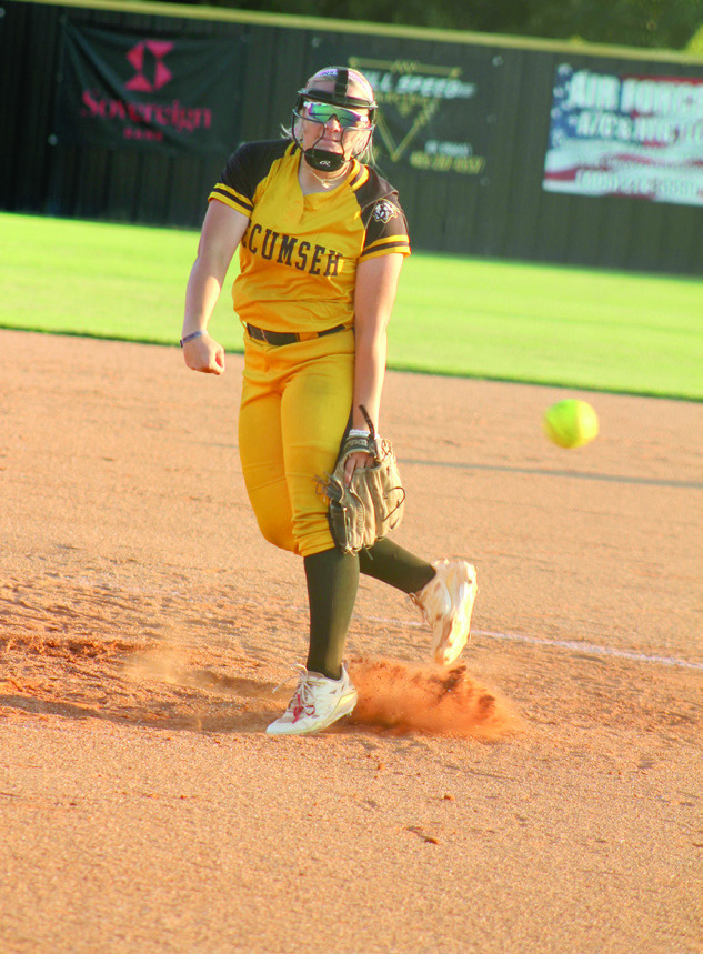 Natasha Dunagan, Countywide & Sun Pictured right, Tecumseh junior Embrie Smith hurls it home during the Class 4A Regional Tournament game against Skiatook, on Oct. 1.