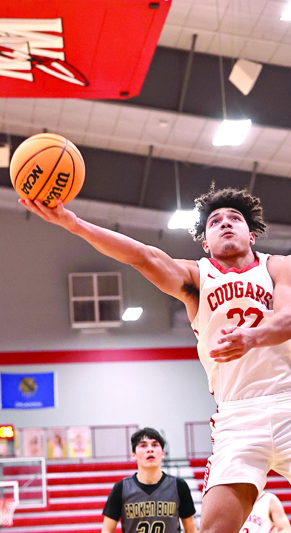 North Rock Creek’s Caleb Hawkins goes up for the bucket. The boys won their 3rd tournament of the season beating Broken Bow.