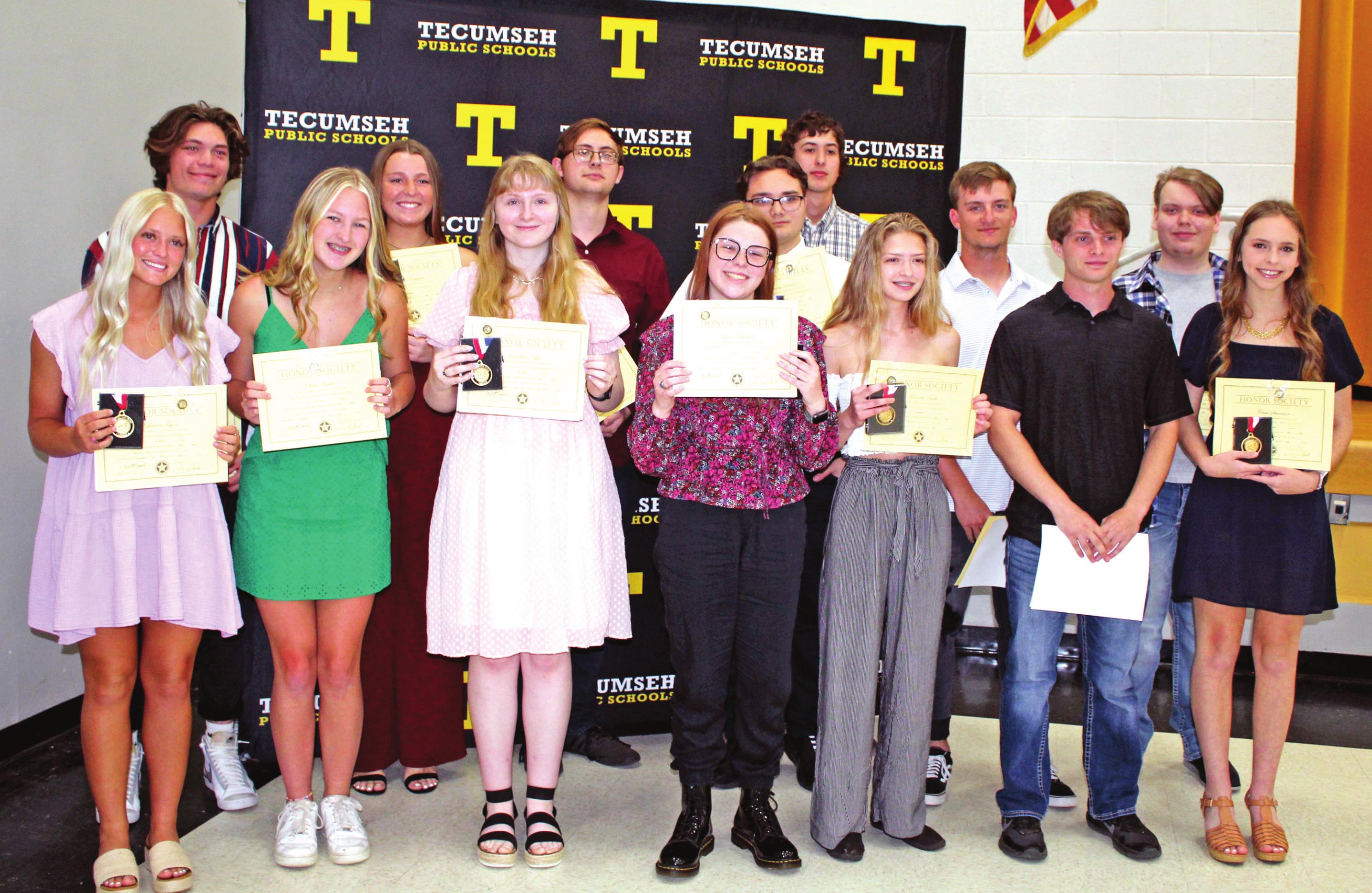 Fourteen seniors received Oklahoma High School Honor Society recognition during the Tecumseh High School Academic Awards Reception on May 3. They are, not in order, Emily Bingham, Lillian Effinger, Dylan Graham, Kyle Gregory, Danny Johnson, Elizabeth Kipps, Jacob Madden, Jaxon Meyers, Olivia Roschli, Hannah Smith, Jacob Smith, Davin Smithee, Cami Stearman, and Lauren Taylor. Countywide &amp; Sun/Natasha Dunagan