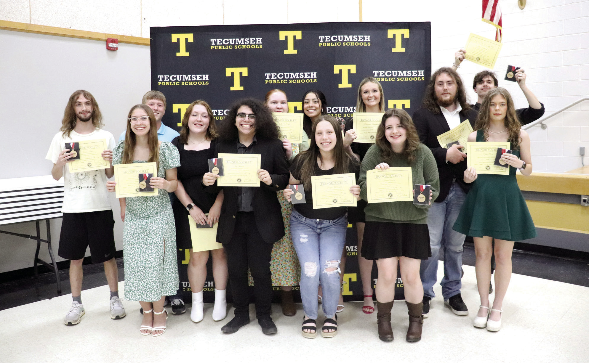The Oklahoma Honor Society Top Ten Percent Award went to, back row, seniors Coalton Reece, Conner Murray, Andrea Knight, Serenity Jacoway, Sami Schweighardt, Julian Borromeo, Oliver Daugherty, front row, Sarah Miller, Harley Scott, Jay Ahlstrom, Karsyn McDonald, Darcee Souders and Calyn Harris during the Tecumseh High School Academic Awards on May 7. Photo provided
