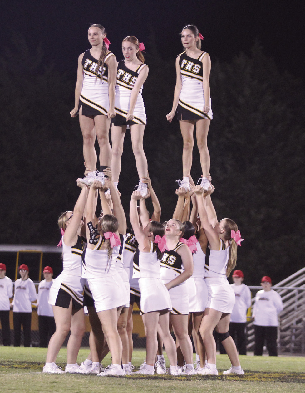 The Tecumseh High School cheerleaders form a pyramid during halftime of the Oct. 10 home game with Blanchard. Countywide & Sun/Natasha Dunagan