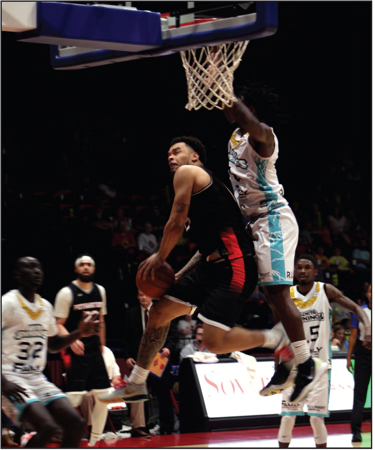 Potawatomi Fire Guard Deshawn Munson goes to the hoop and is fouled in the fourth quarter of the home game with the Wichita Sky Kings on May 25. Munson led with 27 points. Countywide &amp; Sun/ Natasha Dunagan