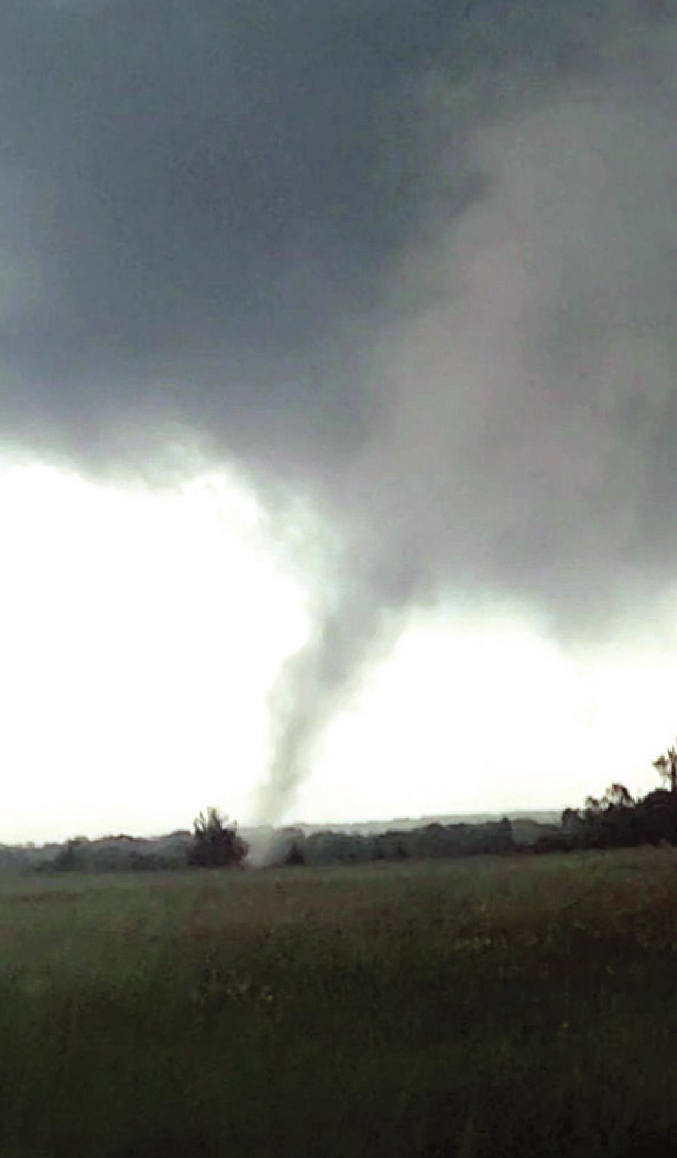 The May 4 tornado in Maud cuts across a field near the District 3 County Barn in Maud. Photo by Jeremiah Fletcher
