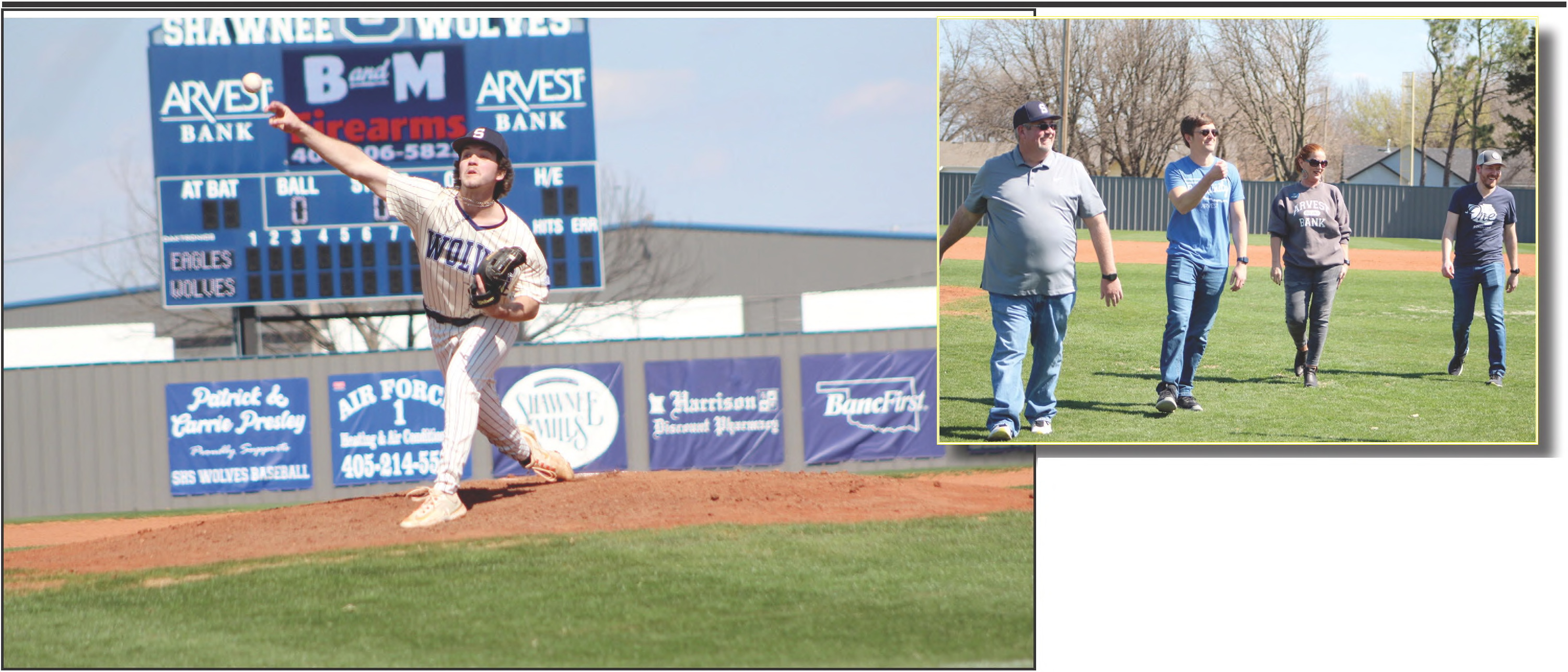 Shawnee senior Easton Odell hurls one over home plate during the first inning of the first home game of the season, March 4. The Wolves beat Del City, 8-0. It was also the first game played with their new electronic scoreboard, sponsored by Arvest Bank, and four associates from Arvest threw out the first pitch(es). Countywide &amp; Sun/Natasha Dunagan