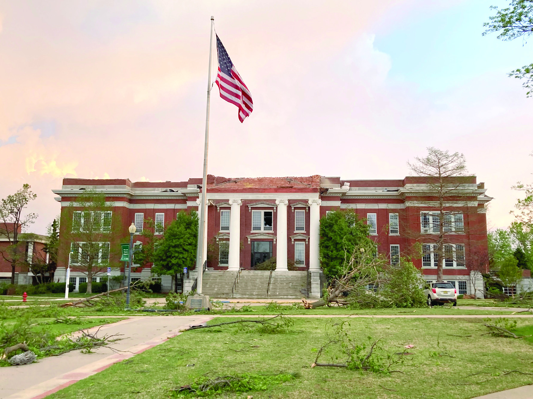 The devastating damage to Shawnee Hall is evident the morning after the April 19, 2023, tornado tore through Shawnee. Photo provided by OBU