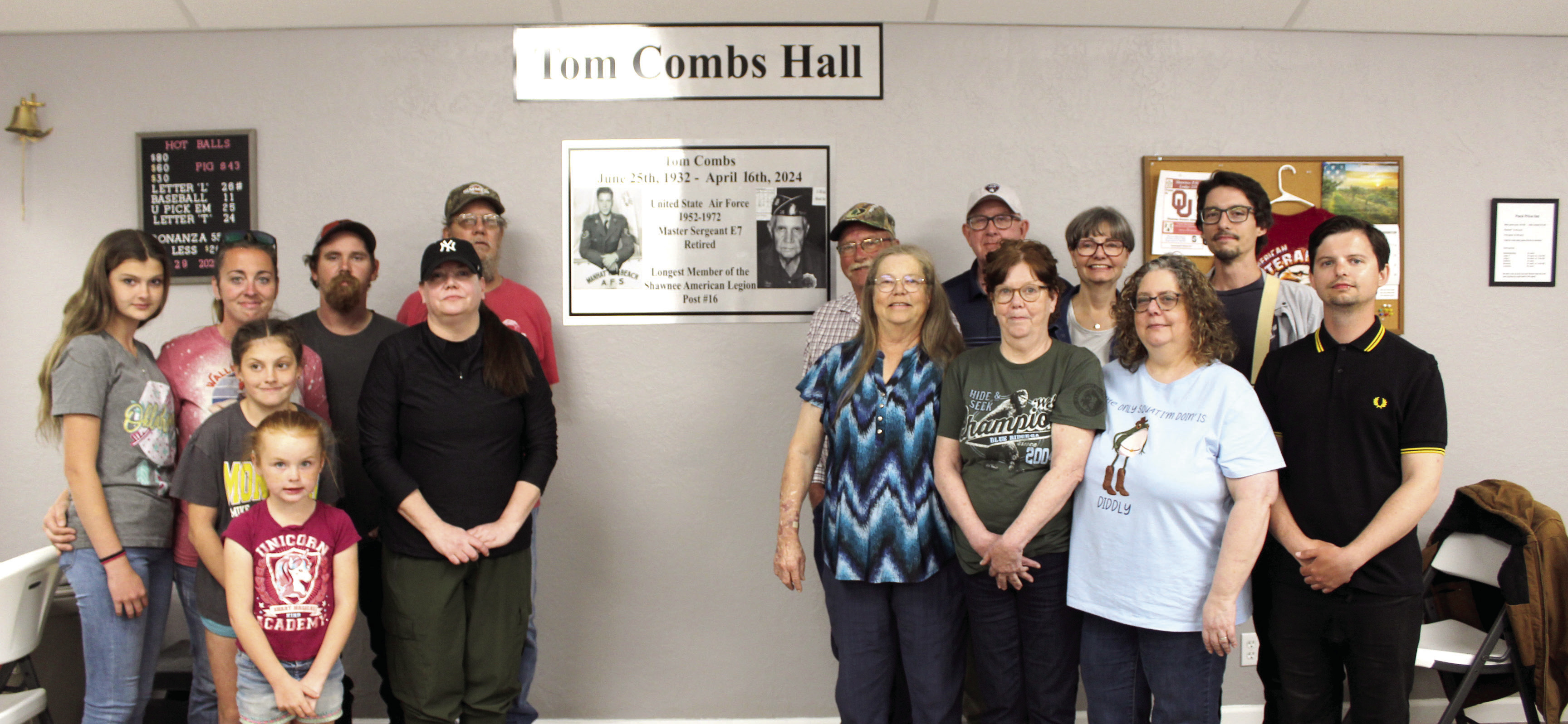 Family members of the late Air Force veteran Tom Combs traveled from Nebraska, Missouri, Altus and Moore for the rededication ceremony of the bingo hall at American Legion Post #16 in Shawnee on March 29. Natasha Dunagan, Countywide & Sun