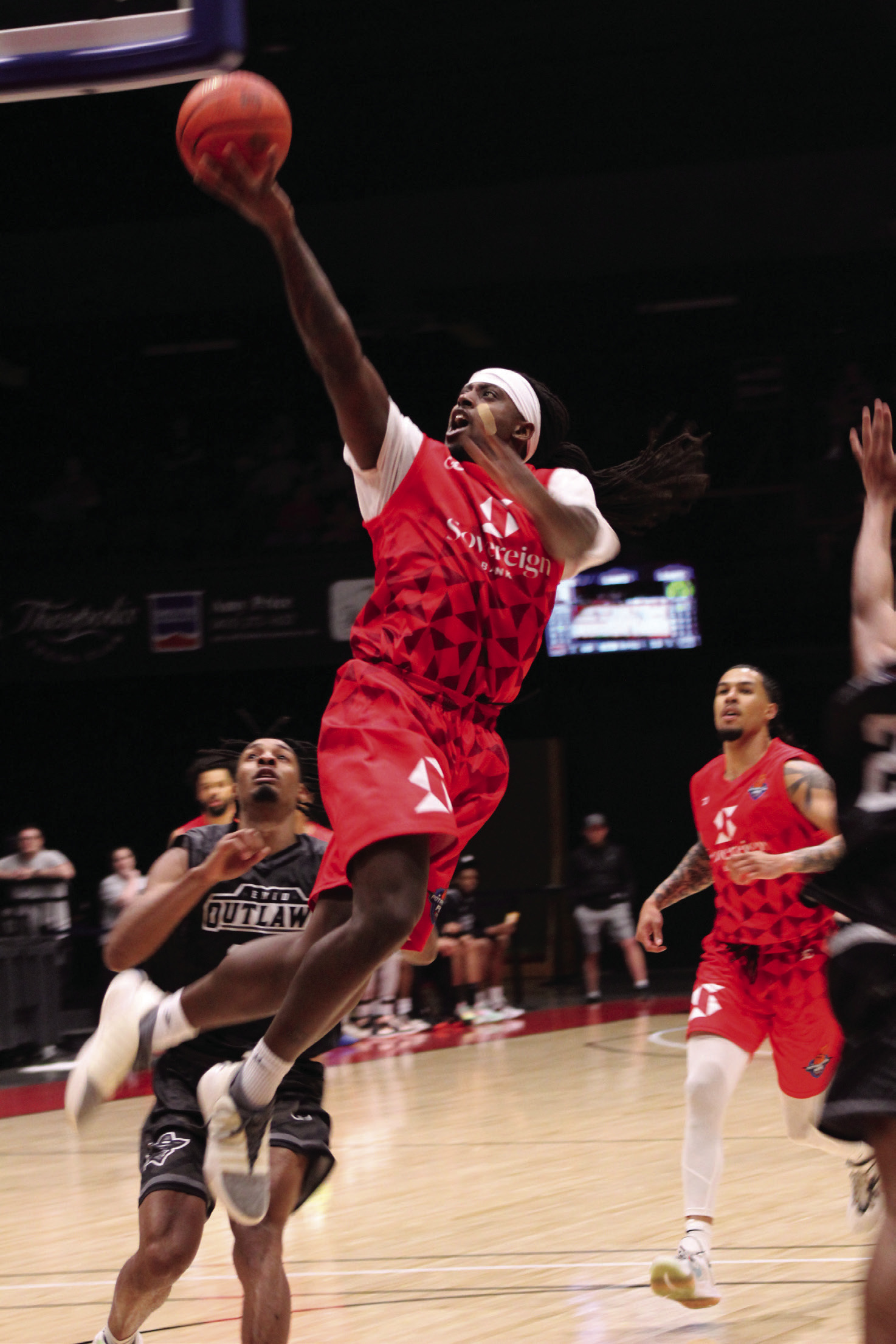 Potawatomi Fire small forward K.D. Moore jumps up to put in a layup and gets the foul during the May 4 home game against the Enid Outlaws. According to www.potawatomifire.com, Moore made 32 points, 10 rebounds, four assists and two blocks that night. In their 15th straight win this season, the Fire beat the Outlaws, 130-107. Countywide & Sun/Natasha Dunagan