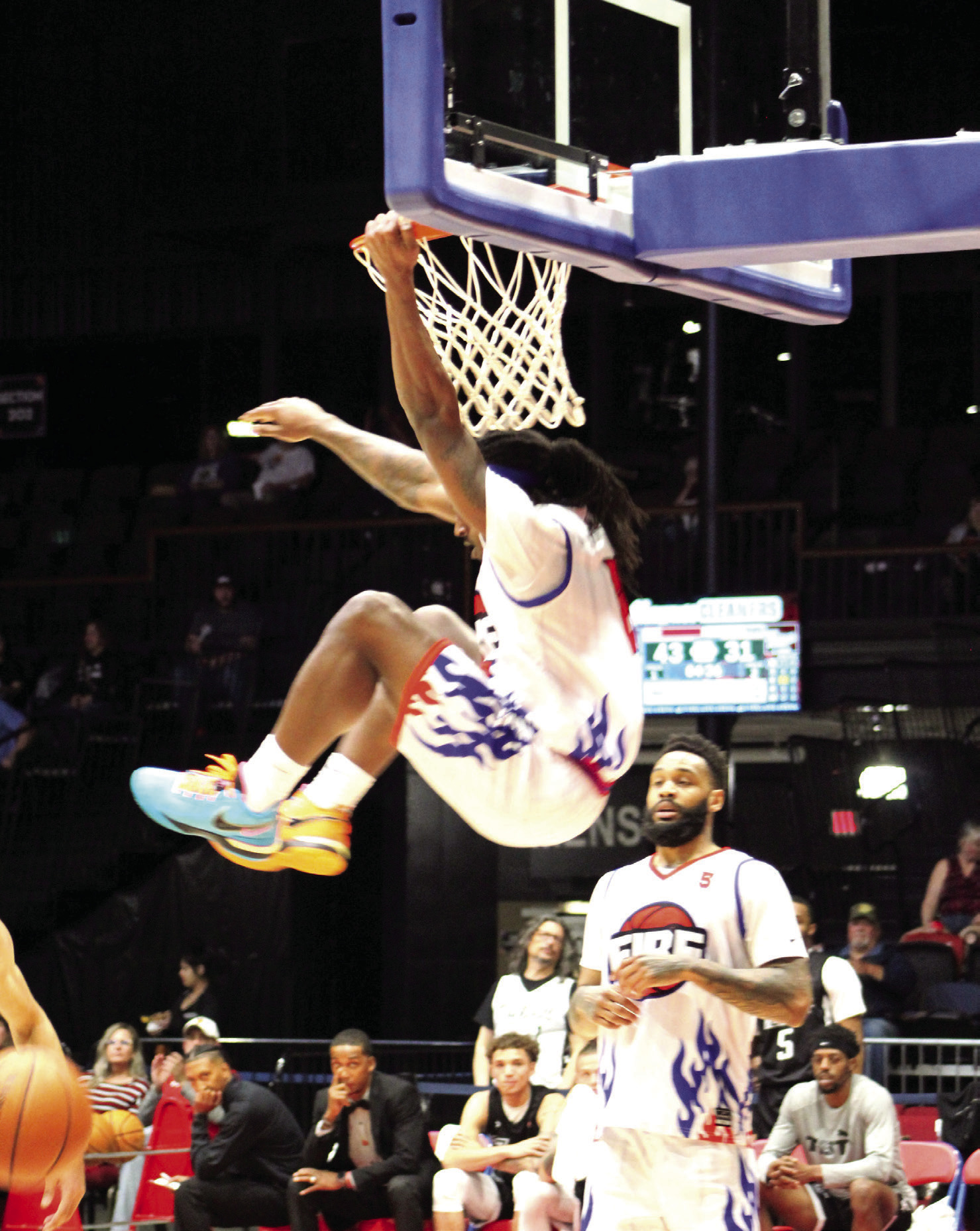 Potawatomi Fire Forward K.D. Moore makes a slam dunk in the second quarter of the home game on April 29. Moore tied with fellow forward Ruston Hayward at 19 points to lead the game, according to potawatomifire.com. The Fire beat the 7’ers, 142-94, for a seven-game winning streak. Countywide &amp; Sun/Natasha Dunagan