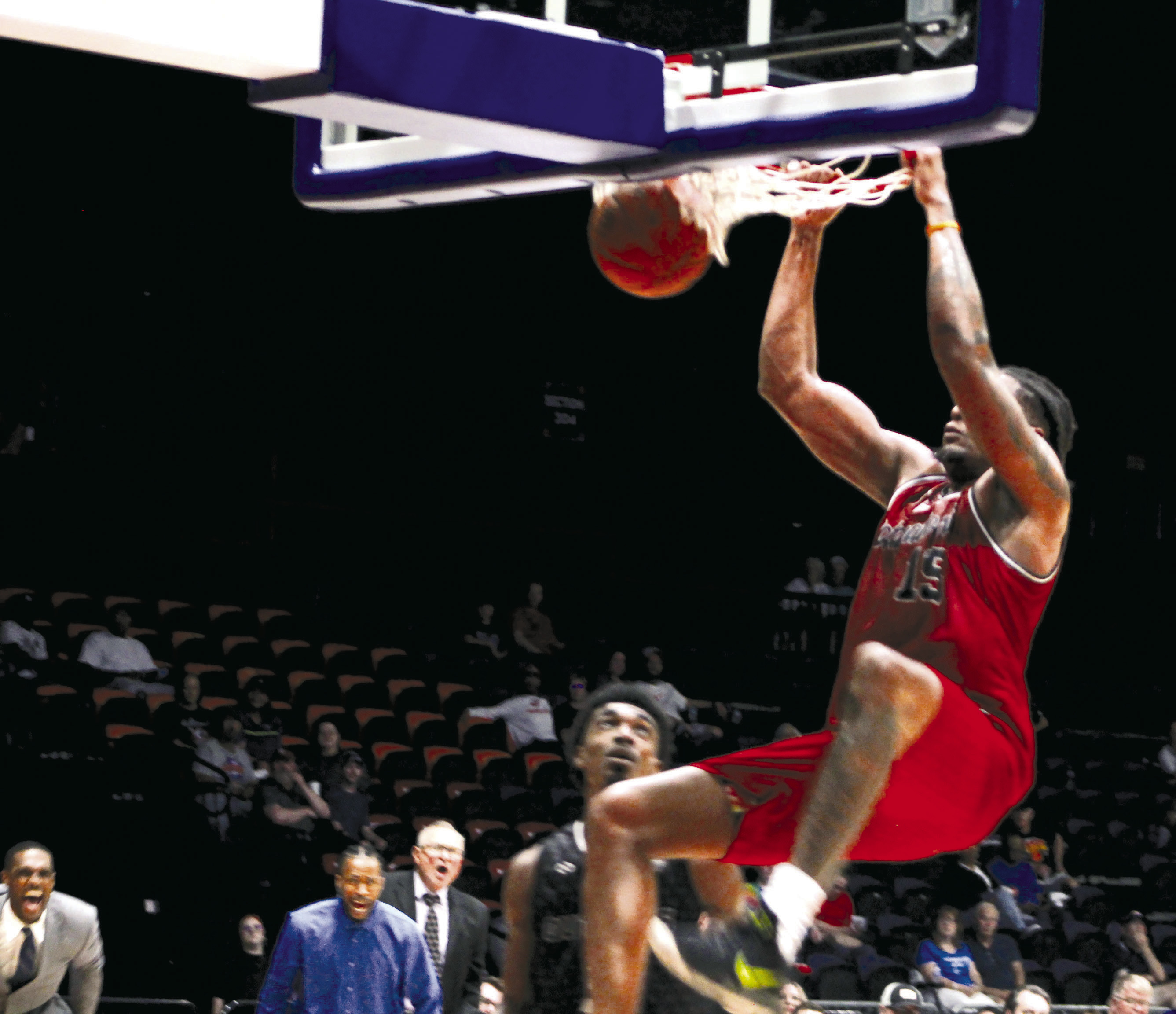 Potawatomi Fire Forward/Center T.J. Maston makes a slam dunk during the second game of first-round playoffs against the Enid Outlaws on June 3. Held at FireLake Arena, the game was won by the Fire, 101-86. The semifinals/second-round playoffs will begin today (June 8) at Wichita or Shreveport, according to potawatomifire.com. Countywide &amp; Sun/Natasha Dunagan