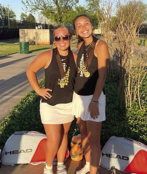 Tecumseh Girls #1 Doubles Team Elise Whitney and Jalee Meyers, shown here, placed first at the Elk City Tennis Tournament on April 13. In #1 Singles, Tara Lack placed fourth. Photo provided.