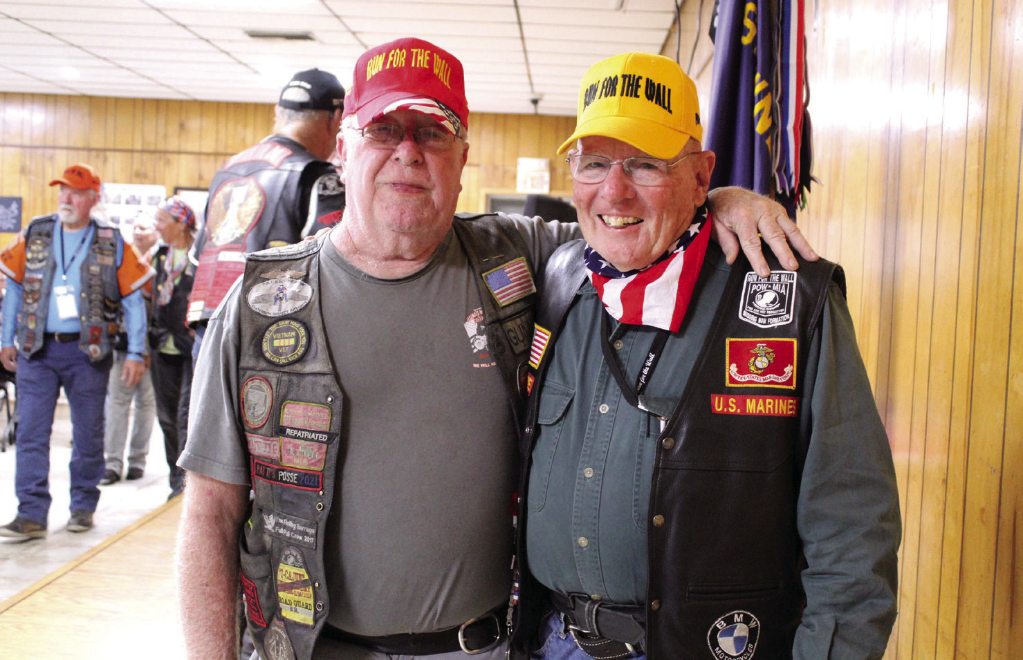 Run for the Wall Founder James "Gunny" Gregory, left, poses with the 12th Sergeant Major of the Marines, Gene Overstreet, during the Run for the Wall food stop at Shawnee VFW Post 1317 on May 16. This is the 36th official year for the cross-country ride, and more than 200 veterans participated on the Midway Route. Photos by Natasha Dunagan, Countywide & Sun
