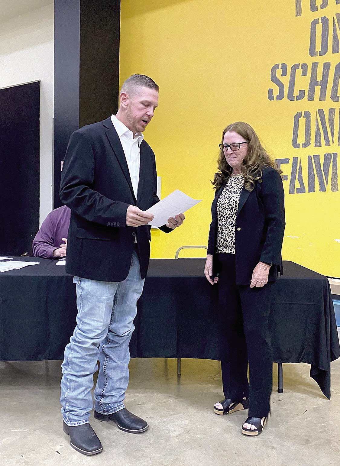Lance Phelps is sworn in to the Ward Five Seat of the Tecumseh School Board at the April 14 meeting by Board President Iva Bingham. Also at the meeting, Seat Four was officially declared vacant. Community members residing within Ward 4 boundaries have been asked to submit applications to temporarily fill that seat. Julie Talton, Countywide & Sun