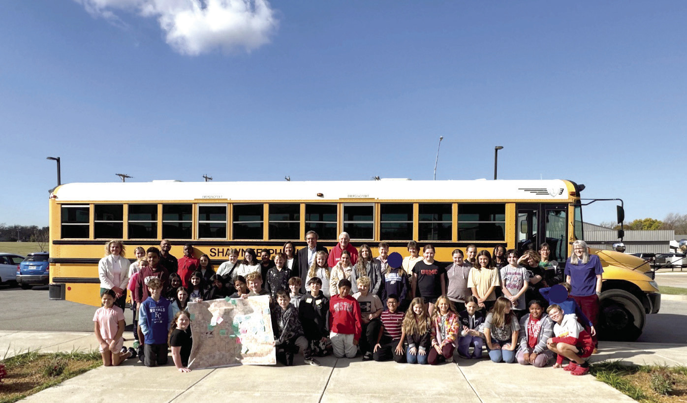 SMS 6th grade students pose for a group photo after participating in an interactive session where students explored what they envision for Shawnee’s future and examined areas of concern within their neighborhoods. Photo provided by Shawnee Public Schools.
