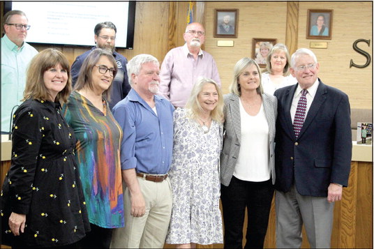 Retirees for this year were honored at the regular monthly Shawnee Board of Education meeting on May 1. Shown, from left, are teachers Diana Hall, Cindy Goodnight, Bruce Bushong, Lynda Thompson, Superintendent Dr. April Grace and Board Member Larry Walker. Countywide &amp; Sun/Natasha Dunagan