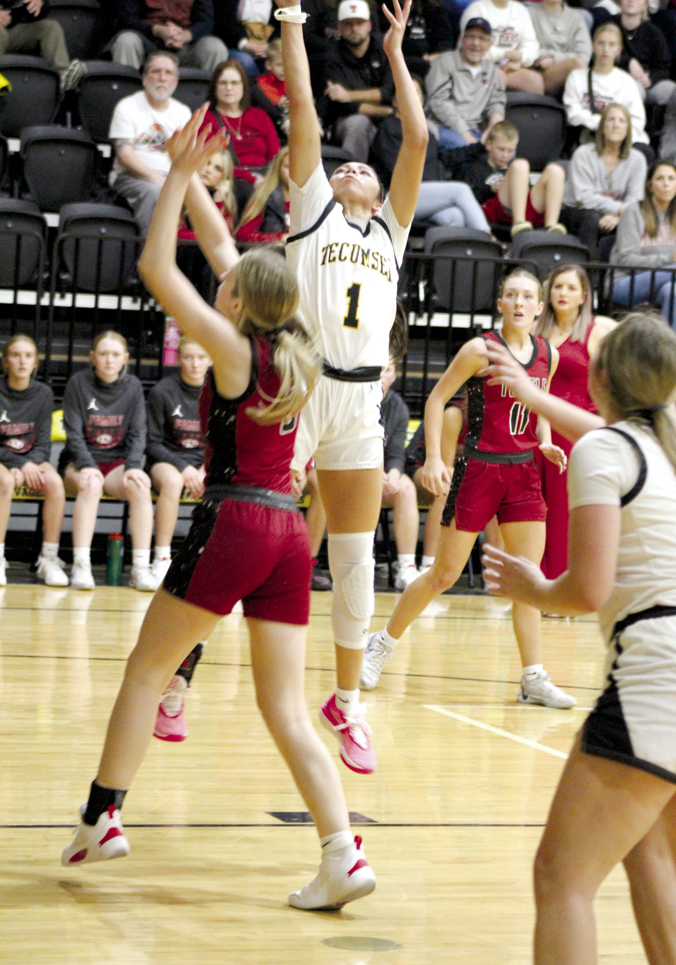 Tecumseh senior Serenity Jacoway makes a bucket in the second quarter of the first home game against Tuttle, Nov. 28. The Lady Savages lost, 26-46. Countywide &amp; Sun/Natasha Dunagan
