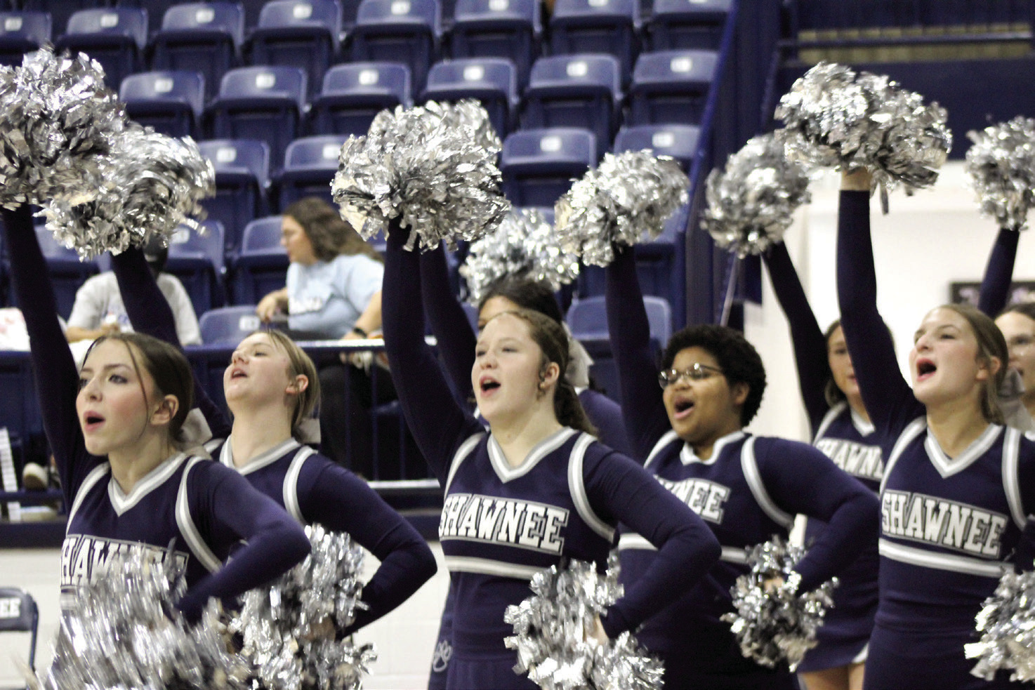 The Shawnee High School Cheerleaders chant during halftime of the Lady Wolves regional game on Feb. 22. Natasha Dunagan, Countywide & Sun