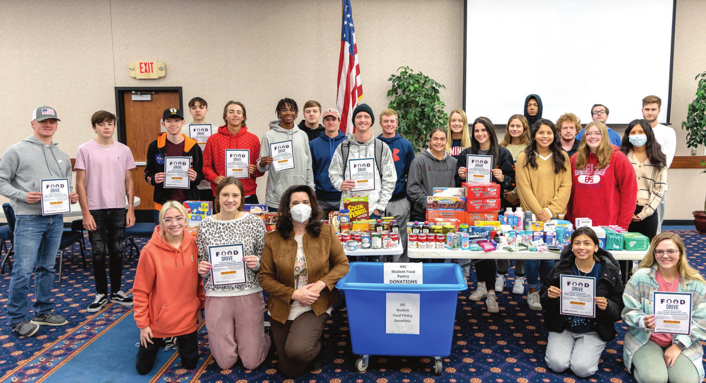 SSC students enrolled in the Leadership Development course gathered approximately 400 nonperishable food items, hygiene products and paper goods to be donated to the College’s Food Pantry and the Salvation Army. Photo provided