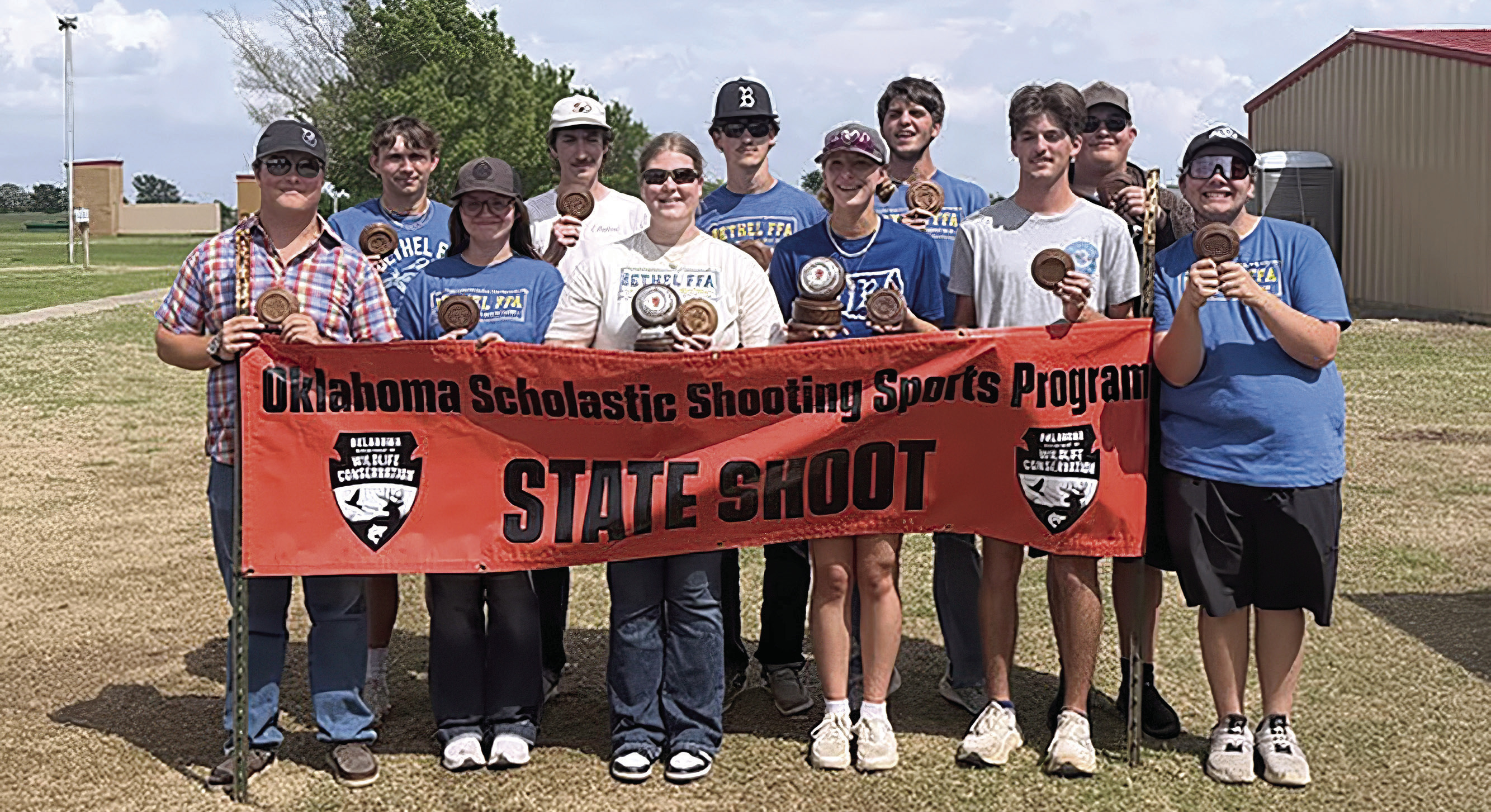 On April 15, the Bethel FFA Shooting Sports Team was the Fifth High Team at the Oklahoma Scholastic Shooting Sports Program State Shoot in El Reno. Individually, Corley Steward, front row fourth from left, was Second High Female and Alexys Wright, front row third from left, was Fifth High Female. This tops off a successful school year for the team. Photo provided