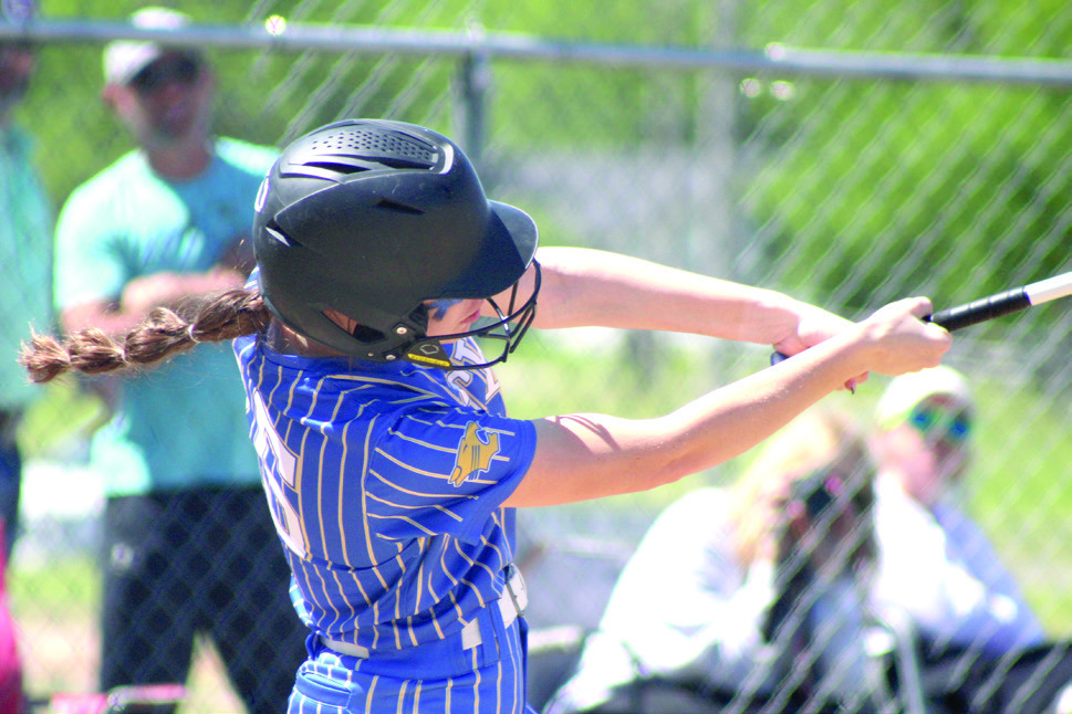 Bethel sophomore Kinley Anthony hits a double in the 5A District home game against Byng on April 23. The Lady Wildcats won all three games that day: two with Madill, 16-4 and 18-2, and 11-3 with Byng. Natasha Dunagan, Countywide &amp; Sun