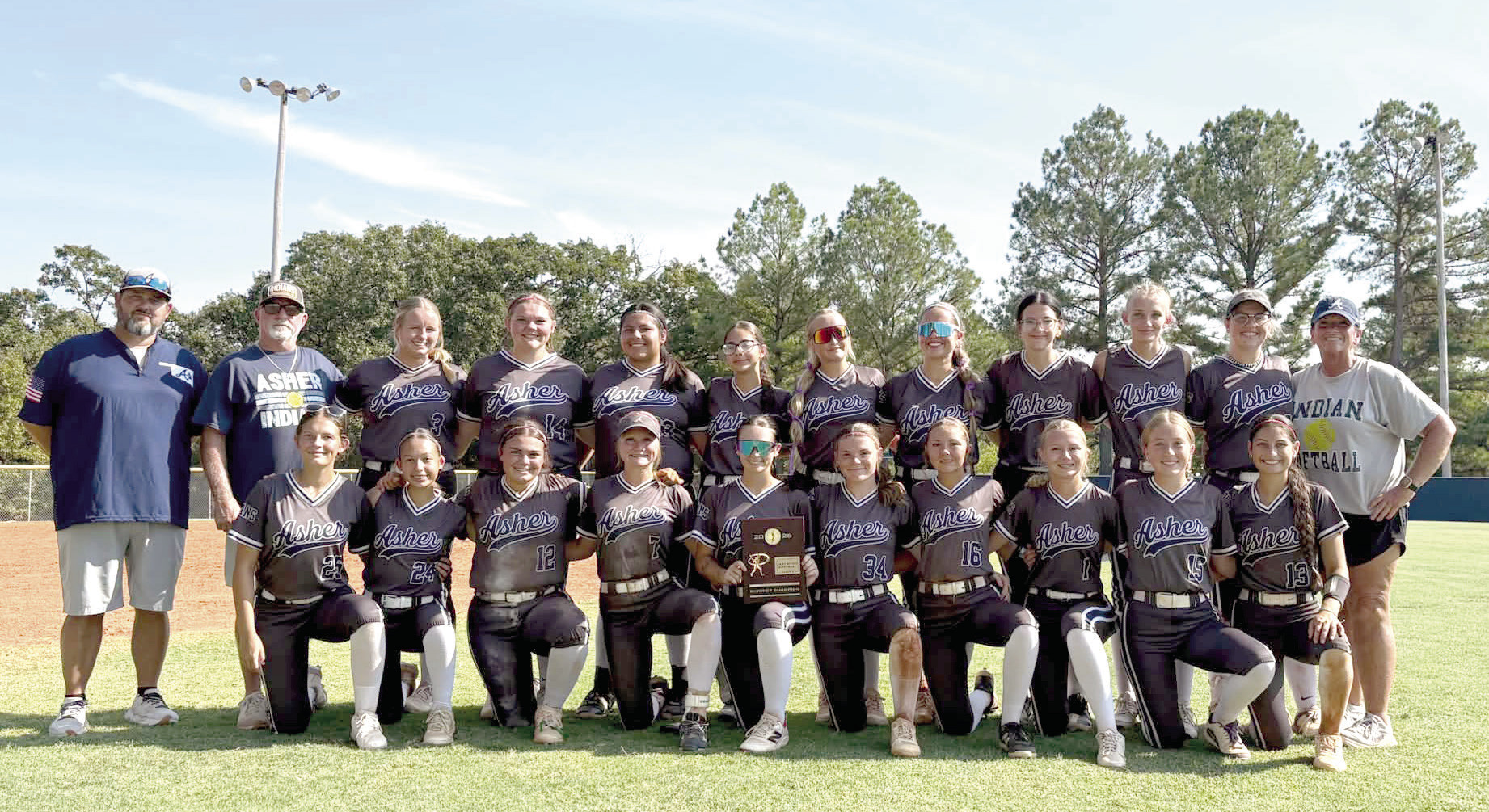 The Asher Lady Indians Fastpitch Team won the Class B District Tournament, held at home on Sept. 24. They beat Mason in two games, 14-0 and 12-0. Their record is 23-5, so far. Photo provided