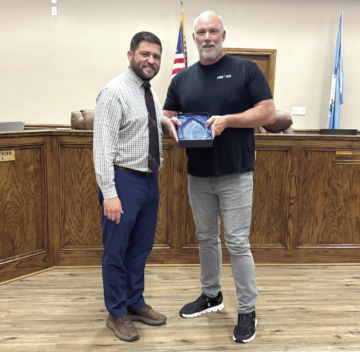McLoud Mayor Daniel McClure (right), poses with Citizen of the Year recipient, Doug Walker. Walker was recognized for his volunteerism and enthusiasm for community projects. Cheyanna Dietz, THS Intern