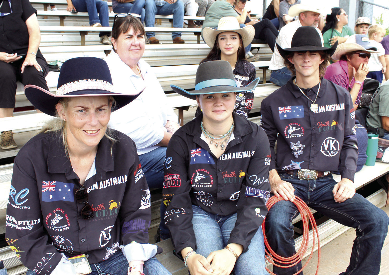 Some of the Team Australia members and parents from the Australian Youth Rodeo Organisation took a moment for an interview and photo on the morning of July 17, the final day for the International Finals Youth Rodeo in Shawnee. Shown, front row from left, are Kate Todd, Ruby Todd, Cade Ferguson, back row, Leigh Holley and Ruby Ruckwood. Photos by Natasha Dunagan, Countywide & Sun