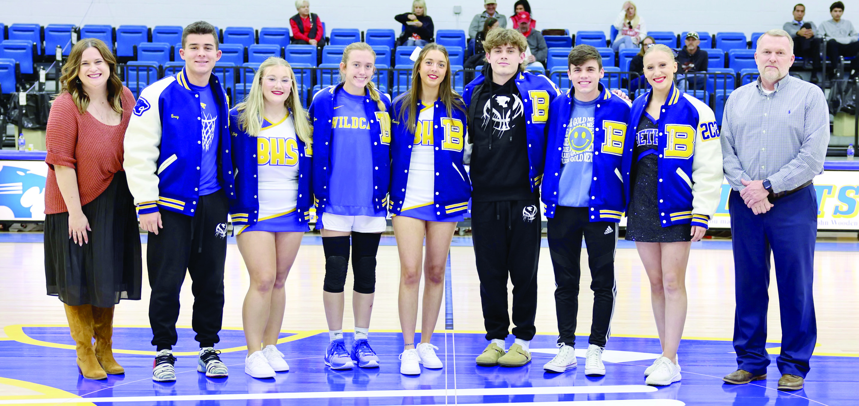 First United Bank sponsored and presented the top ten percent of the Bethel High School Senior class with Academic Letter Jackets at the home game Tuesday, Dec. 6. Pictured from left are Amanda Johnson with First United, Bray Bussell, Riley Bowie, Brooklyn Duff, Casey Brock, RJ Morris, Luke Drew, Marlee Affentranger, and High School Principal Jeremy Stewart. Photo courtesy of Richelle Treece