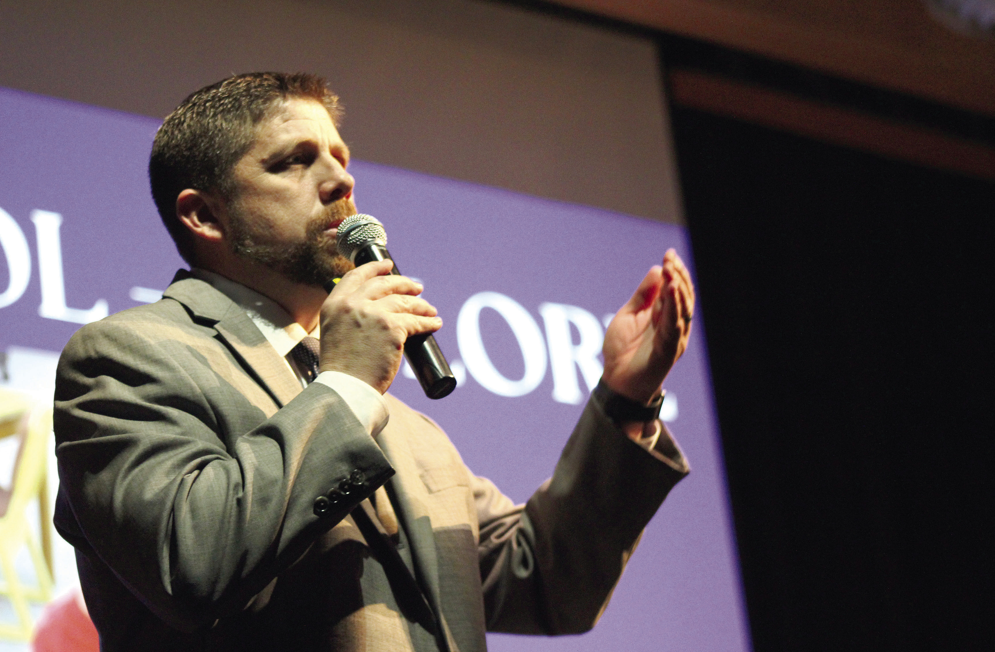 Shawnee Superintendent Dr. Aaron Espolt speaks during the “State of the Schools” event, Feb. 12, at the Performing Arts and Athletic Center Auditorium. Countywide &amp; Sun/Natasha Dunagan