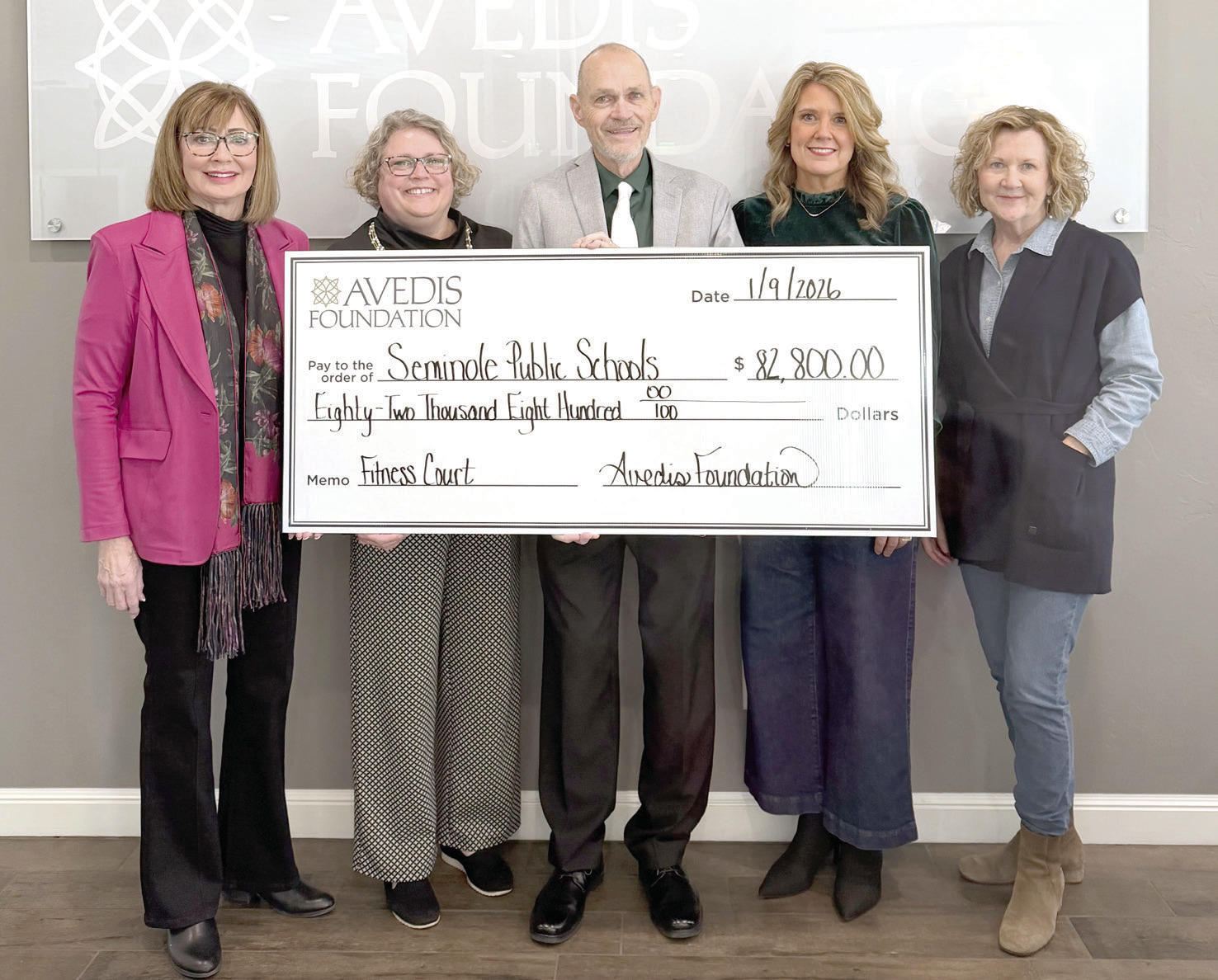 Seminole Public Schools Superintendent Dr. Bob Gragg (center) accepts an $82,800 check from the Avedis Foundation to complete and outdoor fitness court. Pictured from left: Dr. Kathy Laster, President &amp; CEO Avedis Foundation: Tracy Meeuwsen, Senior Program Director- Data Analyst Avedis Foundation; Gragg; Angela Willmett, Deputy Superintendent Seminole Public Schools; and Audrey Seeliger, External Relations-Special Events Avedis Foundation. Photo provided by Avedis Foundation