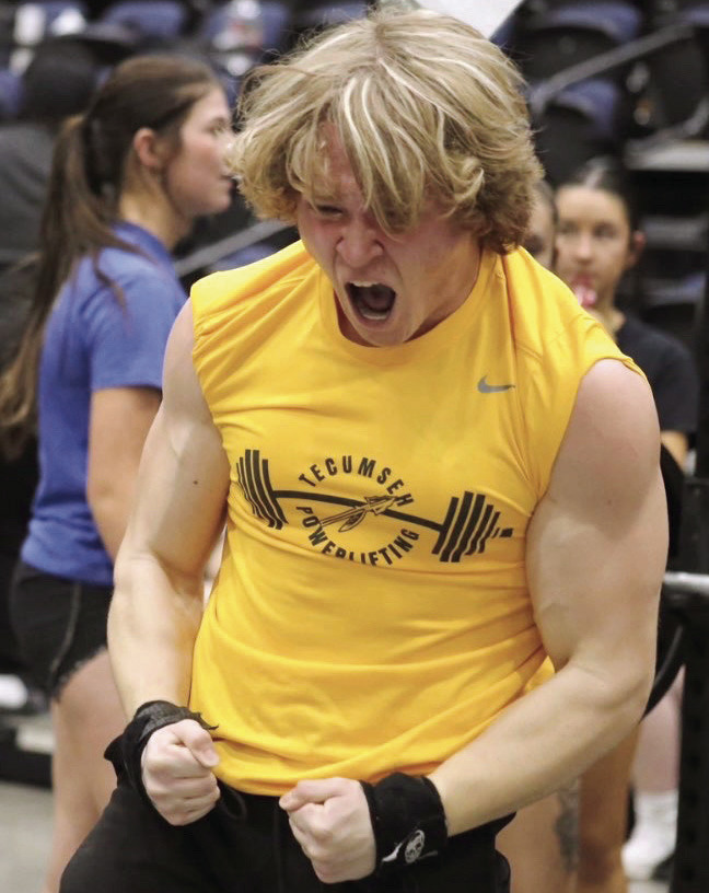 Tecumseh senior Malachi Detherage celebrates after breaking an unofficial state record during the Bethel Powerlifting Meet on Jan 30. Photo provided