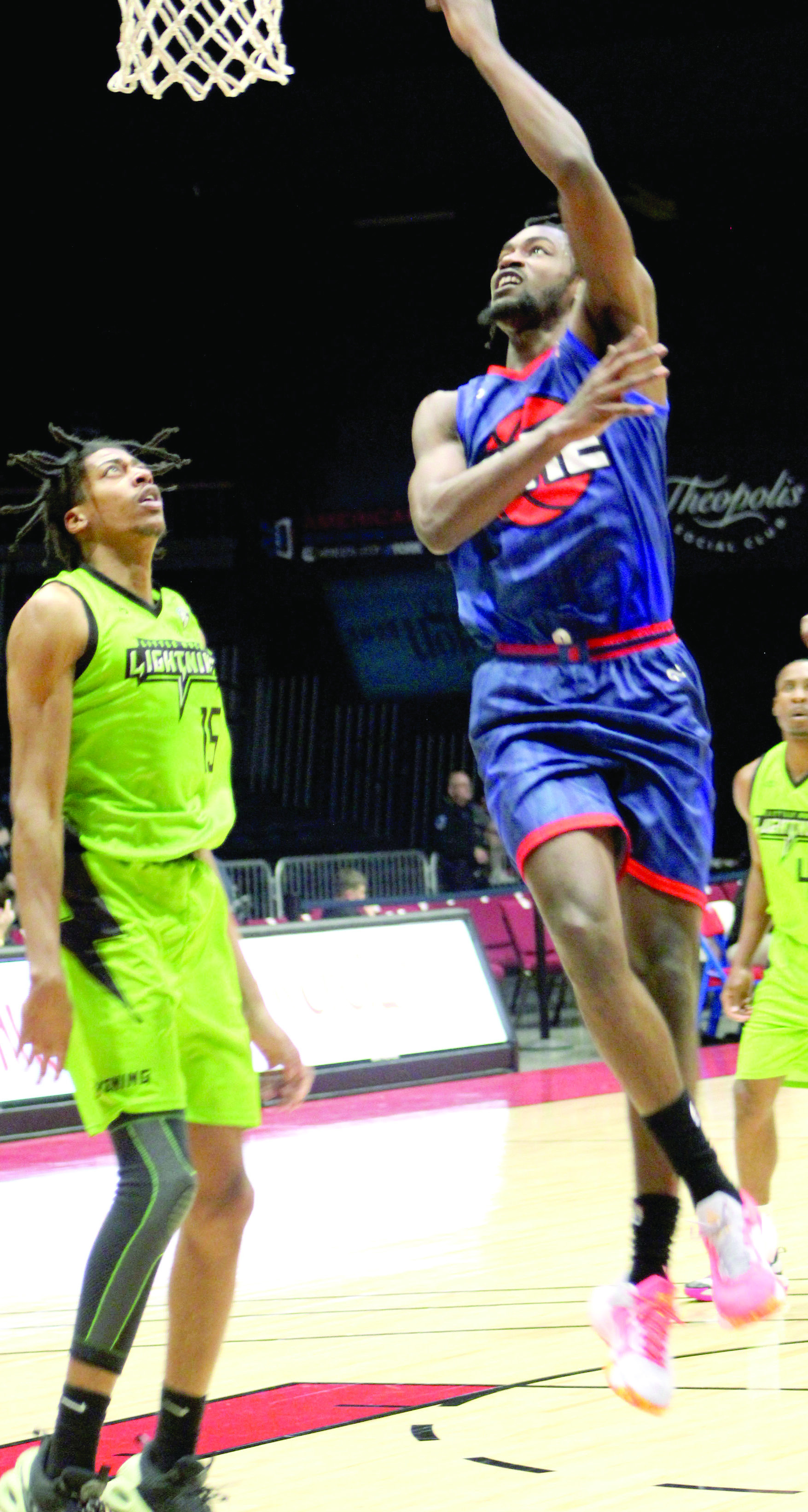 Potawatomi Fire Guard & Forward Theo Johnson puts up a shot in the fourth quarter of the home game with the Little Rock Lightning on March 25. The Fire won, 122-96. Countywide &amp; Sun/Natasha Dunagan