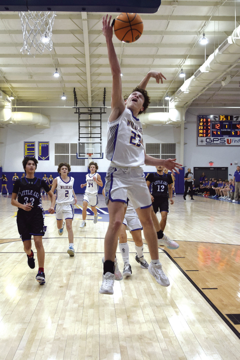 Darius Cheatham tries for two in the first quarter against Little Axe in District play on Feb. 16. Bethel took home the District Championship title. Countywide &amp; Sun/ Julie Talton
