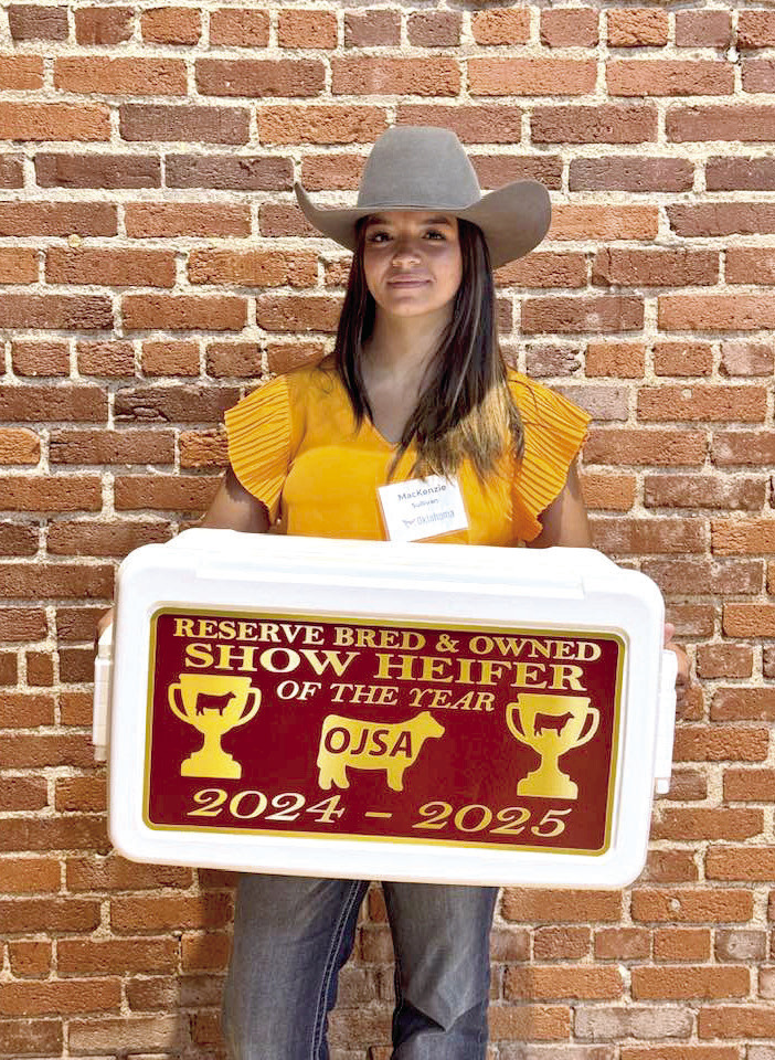 Makenzie Sullivan, a Bethel junior, won 'Reserve Bred &amp; Owned Show Heifer of the Year' with her cow Anna at the Oklahoma Shorthorn Association Annual Meeting/Conference &amp; Awards, held at Stillwater on Aug. 2. Photo provided