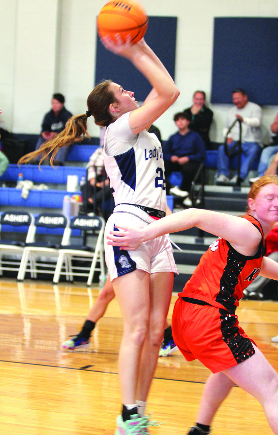 Asher's Makenah Templeton grabs the rebound and aims for the bucket just before the end of the Jan. 3 home game against Konawa. The Lady Indians won 65-37, according to ossaarankings.com.