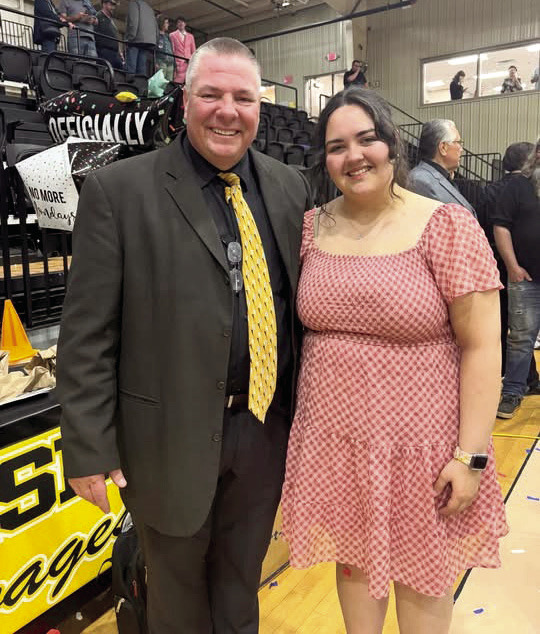 Tecumseh High School Band Director, John Outon poses with Drum Major Cheyanna Dietz at the last band concert of their high school careers on May 4, 2026. Photo provided
