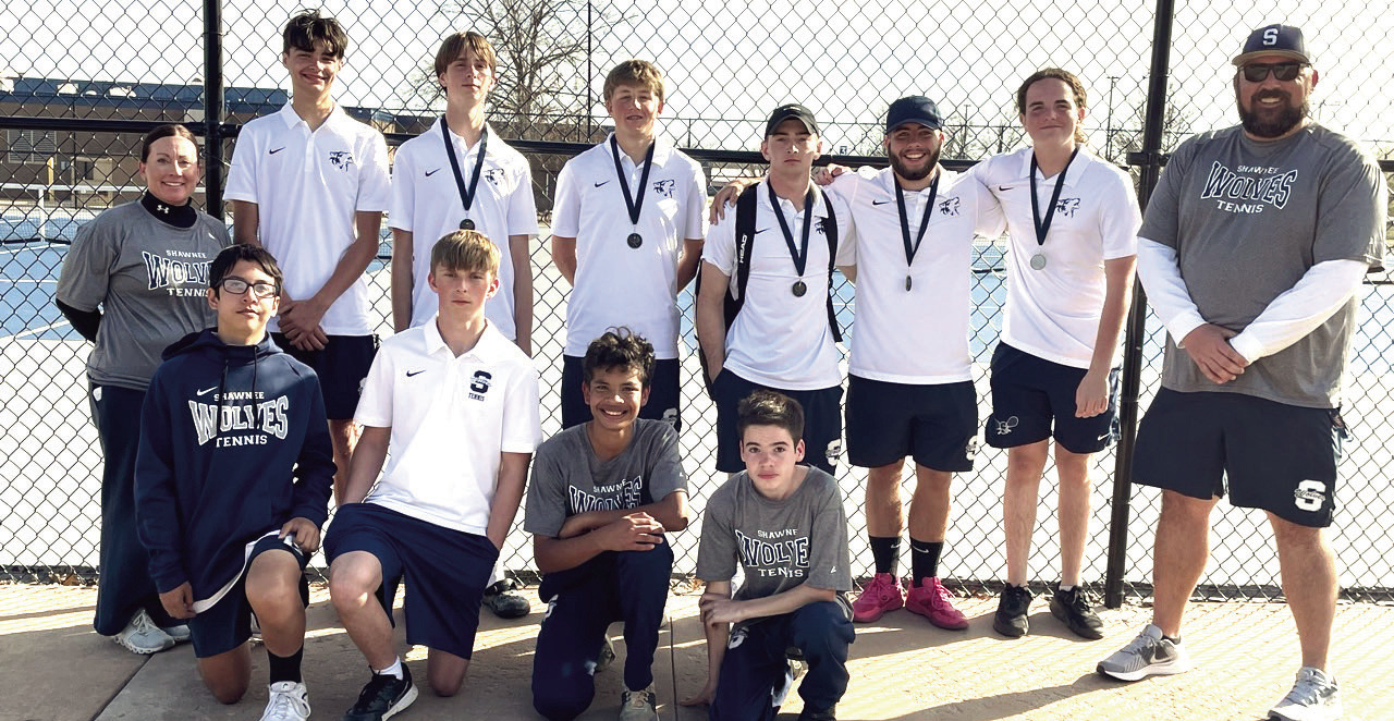The Shawnee Boys Tennis Team competed at their Shawnee Invitational on March 13 and placed fourth overall as a team. Shown, front row from left, are Lucas Chakenatho, Connor Taylor, Eddie Kellogg, William Hennen, back row from left, Coach Keli Kinsey, Grady Smith, Anthony Newsom, Jack Timmons, Benjamin Cole, Bryce Comstock, Samuel Thomas and Coach Tyler Harrison. Photo provided by SPS