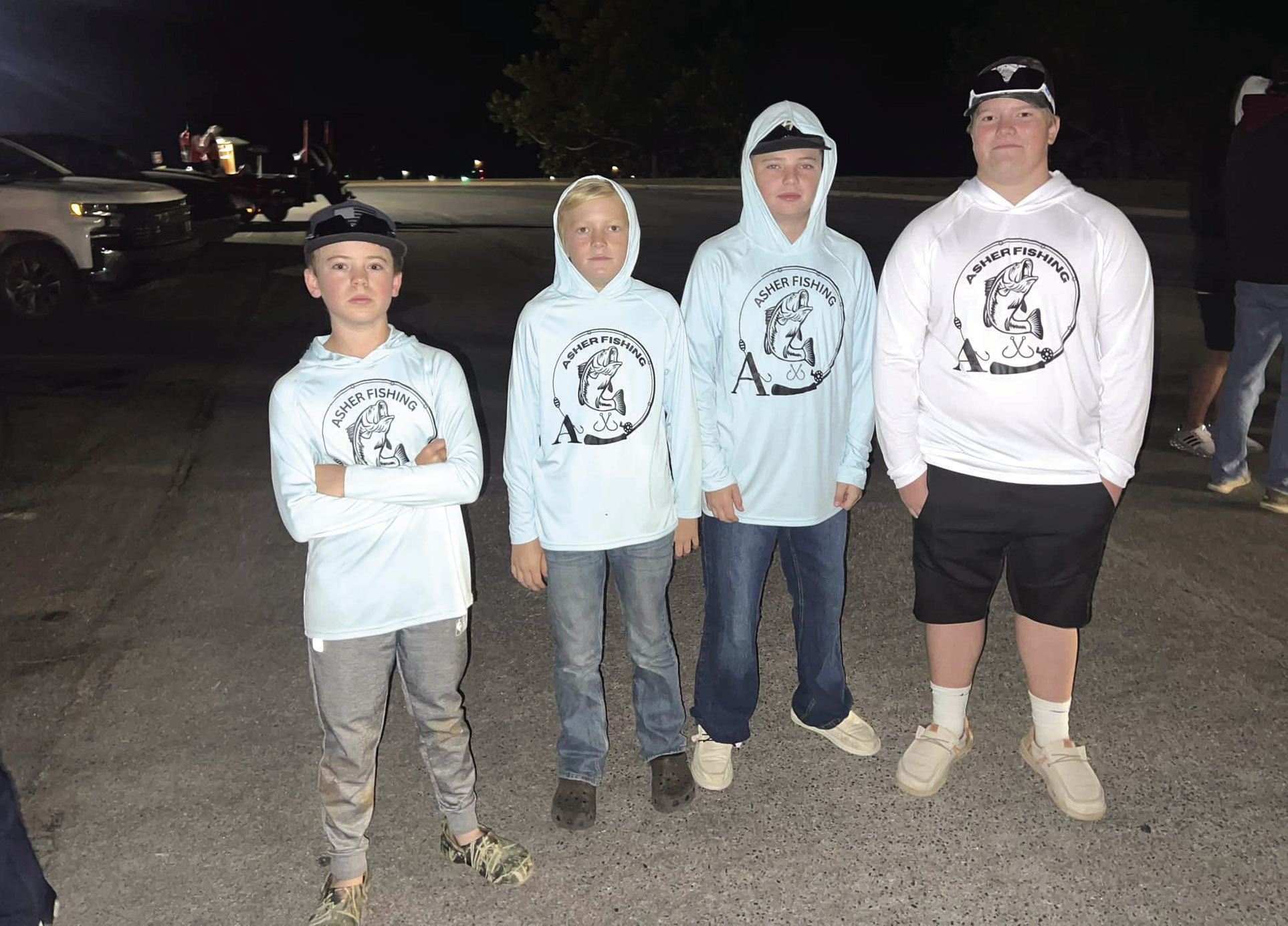 Asher Middle School students Braxton Ray, Hayes Templeton, Weston Knox and Eli Larman pose before their first Oklahoma High School Fishing tournament at the Lake of the Arbuckles in Oct. 2024. They placed fifth in that tournament, and they are looking forward to the season starting again in March. Photo provided by Melissa Ray.